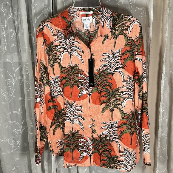 Nicole Miller NY European Grown Flax Linen Tropical Button up Top Shirt size M - Picture 1 of 16